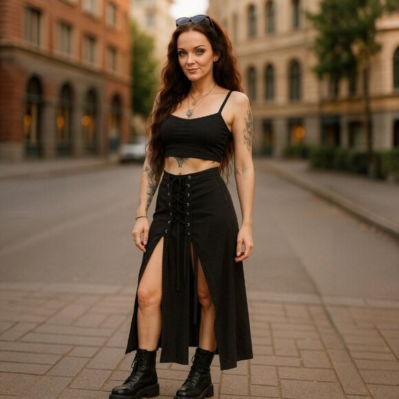 Oh Yes Lace-Up Slit Skirt W/ High Waist & Gothic Streetwear Edge – NWT M - Picture 6 of 8